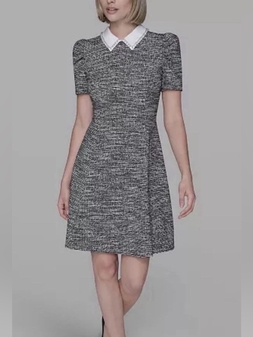 Karl Lagerfeld Gray Tweed Fit-and-Flare Dress with Peter Pan White Collar 12